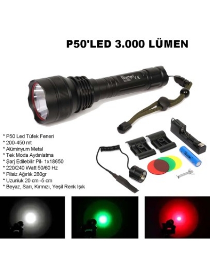 Watton Profesyonel P50'led 3.000 Lümen Şarjlı Av Feneri Wt-150 resmi